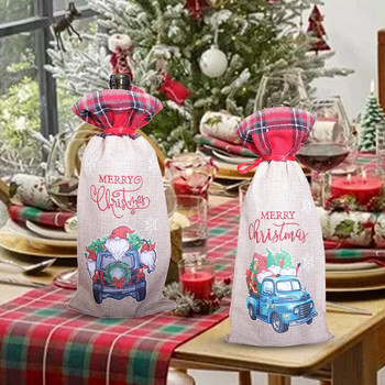 Θήκη κρασιού Χριστουγεννιάτικο σετ μπουκαλιών κρασιού Μπλε Truck Tether Σετ Κόκκινου Κρασιού Σετ Οικογενειακή Τραπεζαρία Christmas Gnomes Κάλυμμα μπουκαλιού κρασιού