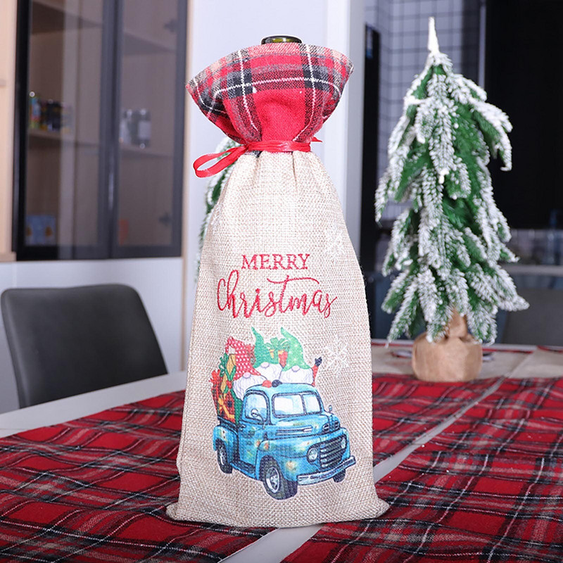 Cutie de vin Set de sticle de vin de Crăciun Set de sticlă pentru camion albastru Set de vin roșu de șampanie Mese în familie Gnomi de Crăciun Capac pentru sticle de vin