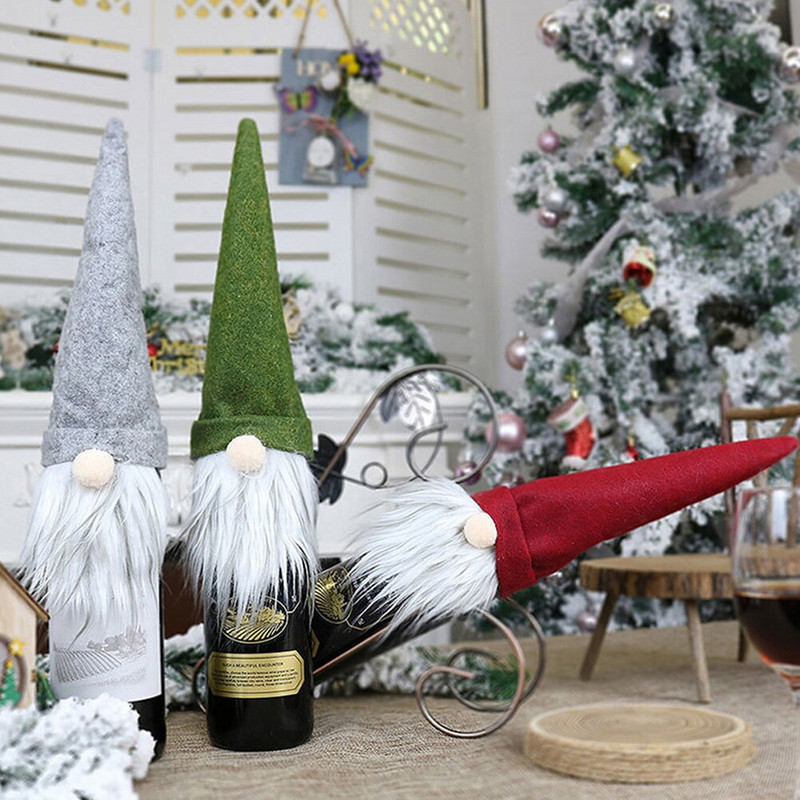 Vianočné kryty na fľaše, ozdoby na vianočné sviatky, škriatkovia, dekorácie na ochranu nápojov, fľaše, sklenené dekorácie, doplnky.