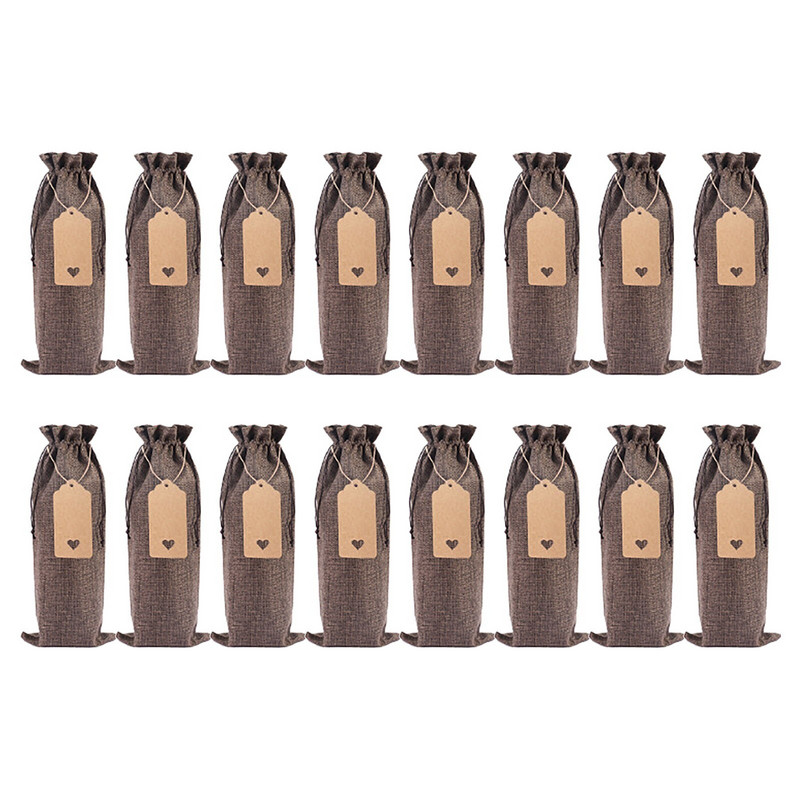 16 vnt lininio vyno butelio maišelio rinkinys Vyno butelio rankovės lininis etiketė Raudonojo vyno pakavimo maišelis šviečia tamsiose vyno taurėse