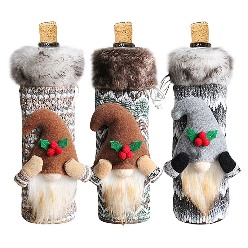 Vianočný uzáver od fľaše vína, beztvárová bábika, balenie červeného vína, taška s dlhými vlasmi, vianočný uzáver od vína, vysoký stôl s uzáverom od vína bez stopky, flauty na šampanské bez stopky.