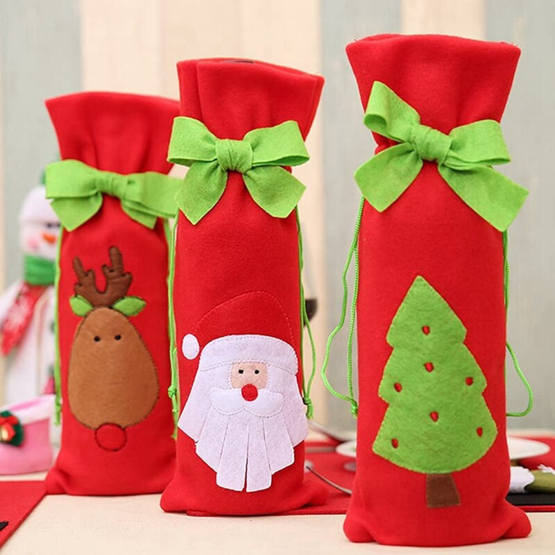 Set 3BUC Genți Cadouri pentru Vin de Crăciun Geantă Cadou de Crăciun Pâslă Cu Temă Crăciun Pom De Crăciun Și Ren