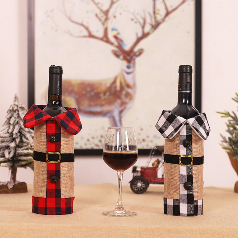 Vianočné ozdoby, kockovaný opasok, sady fliaš na víno, ozdoby na fľaše vína, sviatočné poháre na víno, sada 6 ks, vianočná pančucha, vrecko na víno