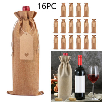 16PC ленена чанта за бутилка вино Комплект чанта за бутилка вино Ръкав за ленен етикет Чанта за опаковане на червено вино Чаши за вино, куфар за алкохол