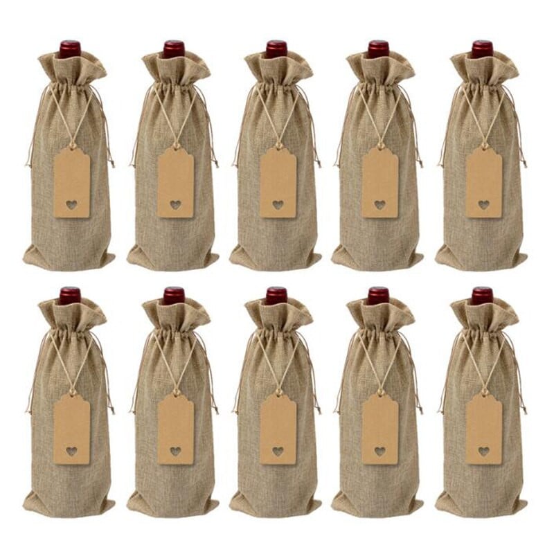 10 kusov vrecúšok na víno z juty, vrecúška na fľaše vína so sťahovacími šnúrkami, opakovane použiteľné darčekové tašky na víno s visačkami na párty, slepú ochutnávku...