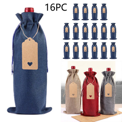 Set de pungi pentru sticle de vin din in, 16 buc