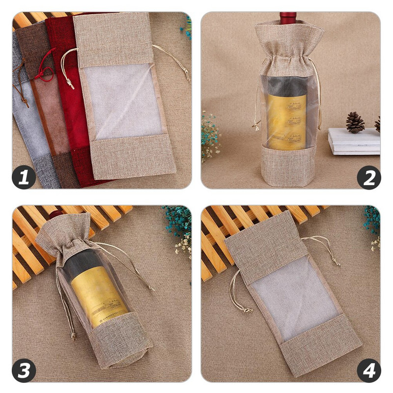 Vianočné tašky, vrecká na fľaše, darčeky so sťahovacou šnúrkou, jutové vianočné obaly, opakovane použiteľné, ľanové, červené, organzové, baliace, šampanské, remeslá, juta