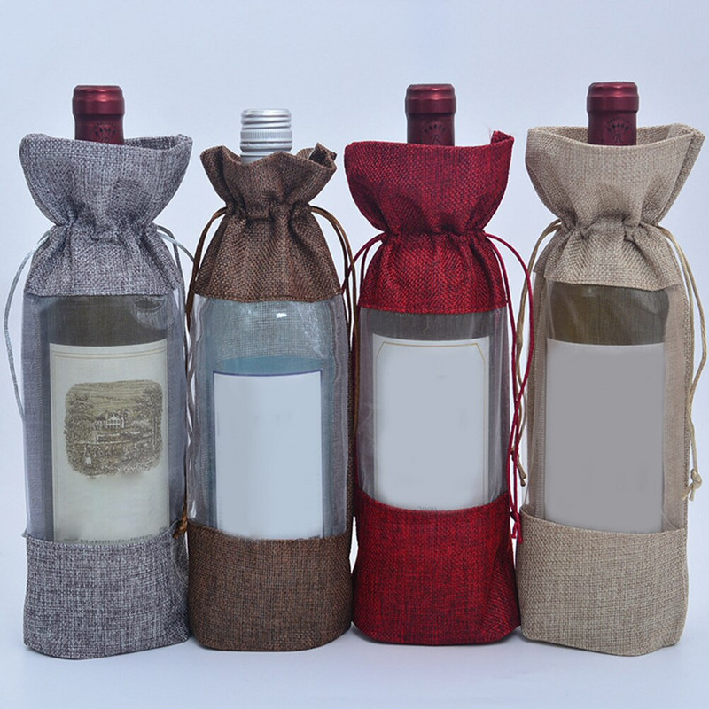 Vianočné tašky, vrecká na fľaše, darčeky so sťahovacou šnúrkou, jutové vianočné obaly, opakovane použiteľné, ľanové, červené, organzové, baliace, šampanské, remeslá, juta