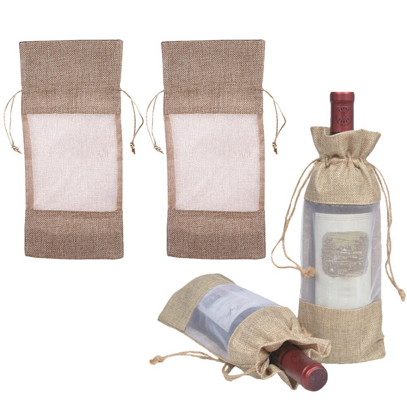 Vianočné tašky, vrecká na fľaše, darčeky so sťahovacou šnúrkou, jutové vianočné obaly, opakovane použiteľné, ľanové, červené, organzové, baliace, šampanské, remeslá, juta
