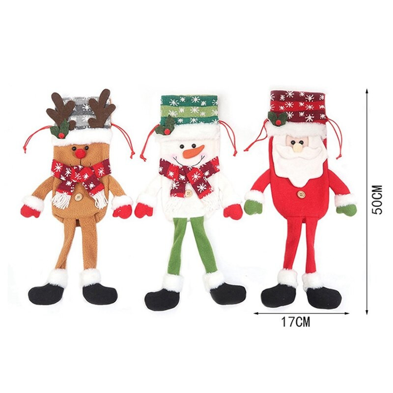 3 db Hosszú lábú Mikulás Hóember Elk Karácsonyi borosüveg borító Xmas Decor borosüveg zacskók húzózsinórral Újrafelhasználható