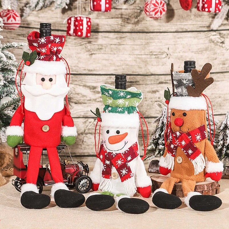3 db Hosszú lábú Mikulás Hóember Elk Karácsonyi borosüveg borító Xmas Decor borosüveg zacskók húzózsinórral Újrafelhasználható