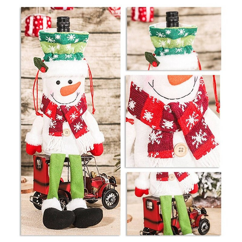 3 bucăți cu picioare lungi, om de zăpadă, elan, capac pentru sticle de vin de Crăciun, decor de Crăciun, pungi pentru sticle de vin cu șnur reutilizabile