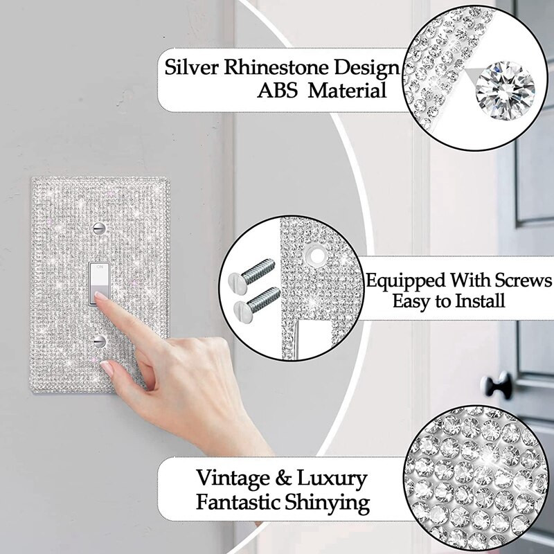 4 pakuotės sidabrinis blizgus kalnų krištolinis sieninis skydo jungiklio dangtelis, dekoruotas deimantiniu lizdo dangteliu Patvarus jungiklio dangtelis