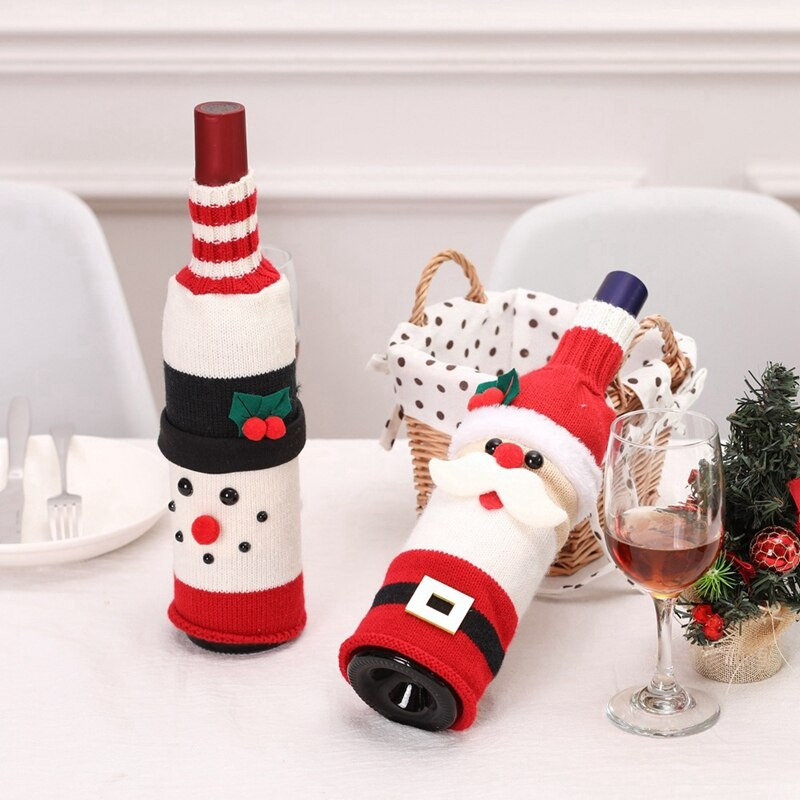 4 ks roztomilých vianočných krytov na fľaše vína, pletených svetrov na fľaše vína na sviatočnú párty, vianočnú dekoráciu stola