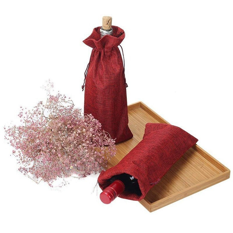 Nauji 20 vnt džiuto vyno maišeliai, 13,7 x 5,9 colio Heseno vyno butelių dovanų maišeliai su raišteliu (vyno raudona)