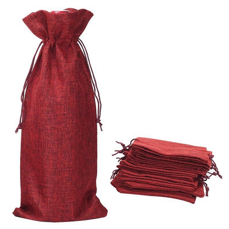 Nauji 20 vnt džiuto vyno maišeliai, 13,7 x 5,9 colio Heseno vyno butelių dovanų maišeliai su raišteliu (vyno raudona)