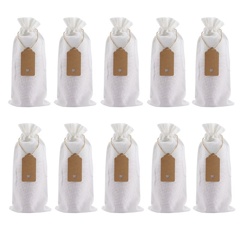 Zsákvászon borostáskák Boros ajándéktasakok húzózsinórral, egyszeri újrafelhasználható borosüveg fedelek kötelekkel és címkékkel