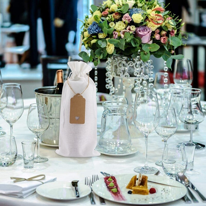 Zsákvászon borostáskák Boros ajándéktasakok húzózsinórral, egyszeri újrafelhasználható borosüveg fedelek kötelekkel és címkékkel