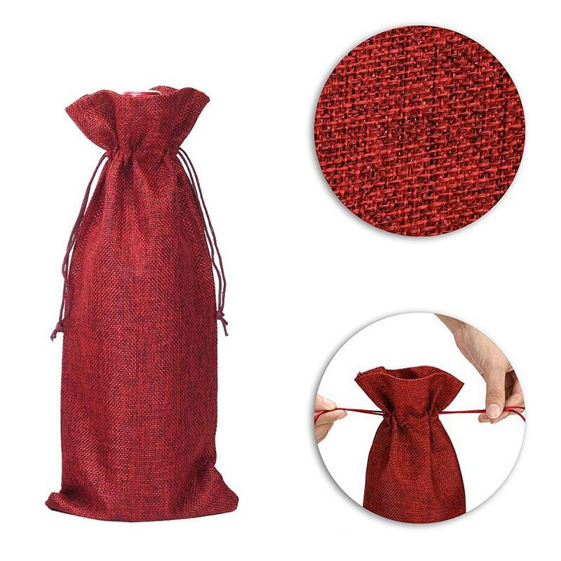 20 bucăți pungi de vin din iută, 13,7 x 5,9 inci, pungi de cadou pentru sticle de vin din Hessian cu șnur (roșu vin)