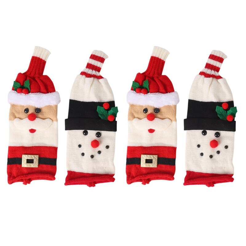 4 db Aranyos karácsonyi borosüveg huzat Kötött borosüveg pulóver ünnepi partira karácsonyi asztal Lakberendezés-FS-PHFU