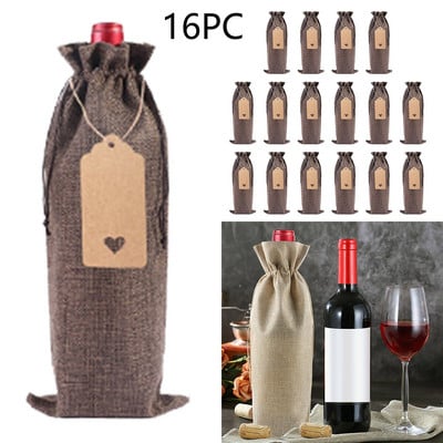 Sada 4 personalizovaných pohárov na víno, 16 ks, ľanové vrecúška na fľaše vína, obal na fľaše vína, ľanová visačka, balenie červeného vína