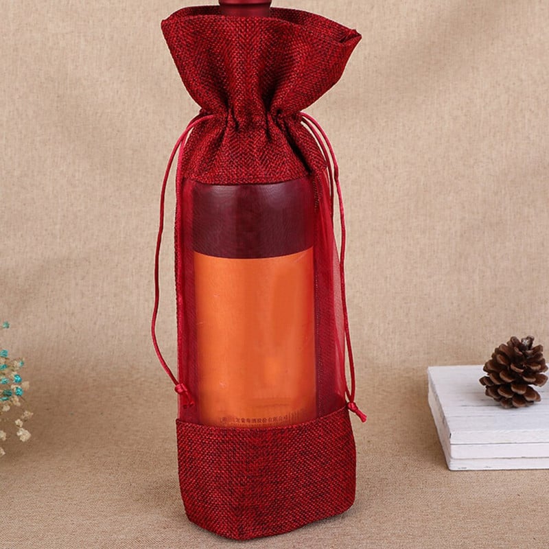 Krepšys Butelis Krepšiai Kalėdų raišteliai Dovanų audinys Kalėdų dangteliai Šventiniai Daugkartinio naudojimo lininiai Raudoni Organza Šampano Įvyniojimai Craftdiy Džiutas