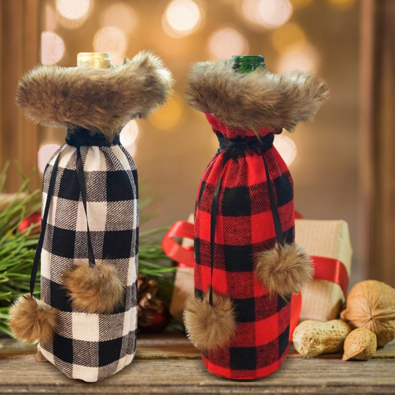 Vianočné kockované kryty na fľaše vína Buffalo, sviatočné víno a poháre na víno pre dievčatá, gravírované poháre na šampanské, silikónové poháre na víno