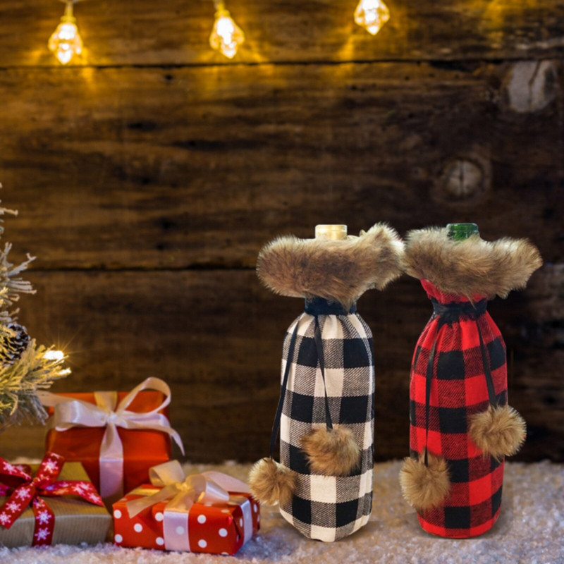 Vianočné kockované kryty na fľaše vína Buffalo, sviatočné víno a poháre na víno pre dievčatá, gravírované poháre na šampanské, silikónové poháre na víno