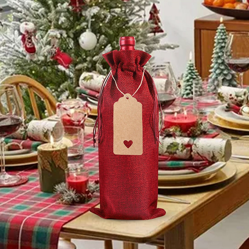 Set de saci pentru sticle de vin din in, 16 buc. Decoratiuni de Crăciun, pentru cina de Crăciun, capac pentru sticle de vin, pentru ambalaj pentru vin roșu, cu etichete