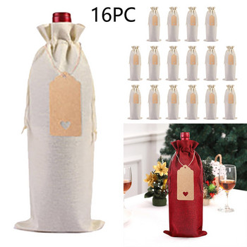 Бутилка за чаши за вино 16PC Комплект ленени чанти за бутилка вино Калъф за бутилка вино Етикет от бельо Червено вино Коледни чаши за вино с дръжка