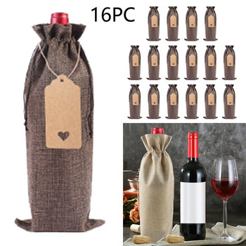 16PC ленена чанта за бутилка вино Комплект чанта за бутилка вино с ръкав Ленен етикет Чанта за опаковане на червено вино Йога Чаша за вино