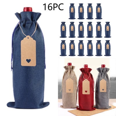 16 vnt lininio vyno butelio maišelio rinkinys Vyno butelio rankovės lino etiketė Raudonojo vyno pakavimo maišelis Jogos vyno taurė