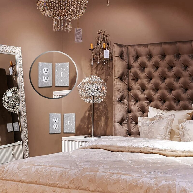 Balenie 4 strieborných lesklých krytov vypínačov s kamienkami, krištáľovo zdobených diamantmi, odolných krytov vypínačov