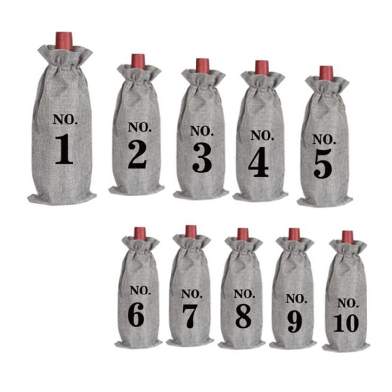 10 ks jutových vrecúšok na víno, darčekové tašky na fľaše vína s číslovanými okrajmi a sťahovacou šnúrkou, ochutnávkové vianočné vrecko na fľaše vína.