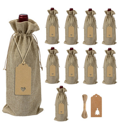 Pachet de 10 saci pentru sticle de vin din in, cu șnur, pungi de cadou de vin din pânză de pânză, ambalaj reutilizabil, pachet cadou cu etichete