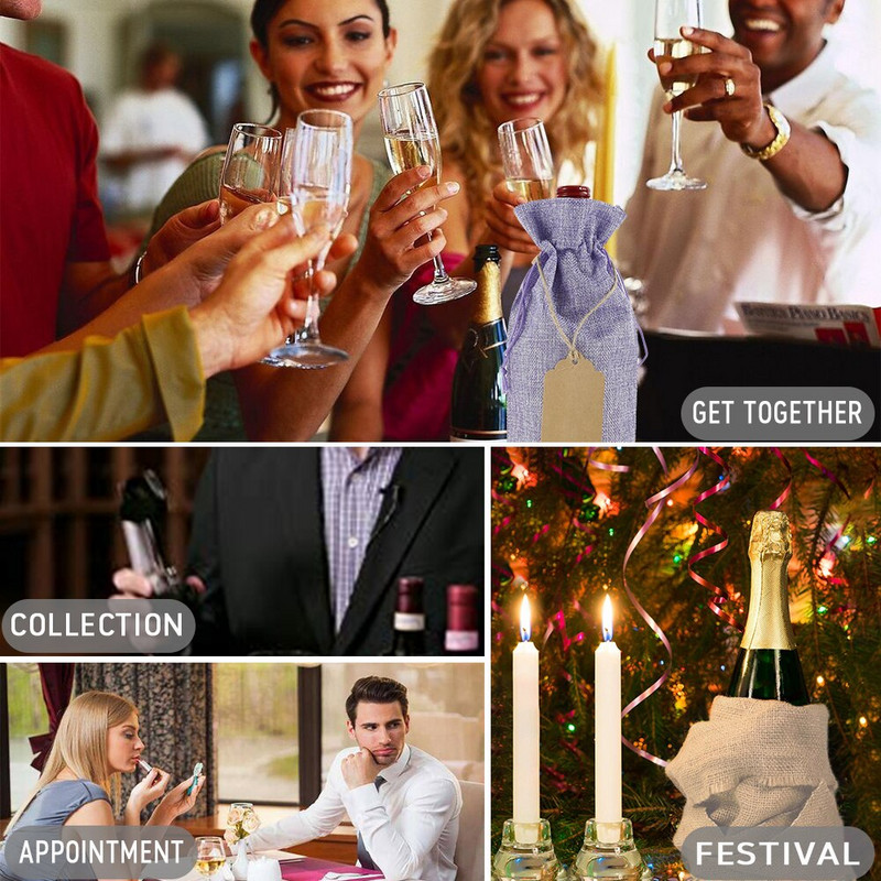 10 ks vrecúšok na víno, balenie fliaš šampanského, sťahovacia šnúrka, dekorácia na párty stôl s papierovou etiketou, ozdoba na fľašu šampanského