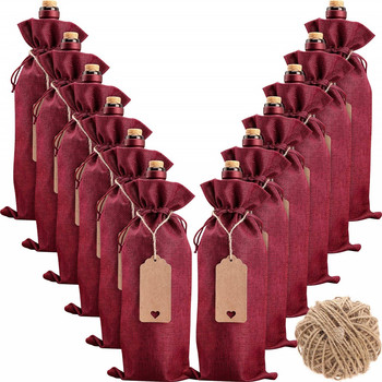 Τσάντες κρασιού από λινάτσα ρουστίκ γιούτας 12 τμχ με κορδόνια Ετικέτες Καλύμματα μπουκαλιών κρασιού Επαναχρησιμοποιήσιμα συσκευασία δώρου Συσκευασία συσκευασίας δώρου Τσάντες κρασιού για πάρτι