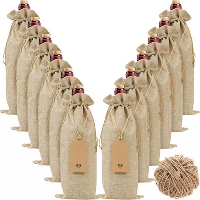 12db rusztikus juta zsákvászon borostáskák húzózsinórral Címkék borosüveg fedők Újrafelhasználható palackcsomagolás ajándékcsomag borzacskók bulihoz