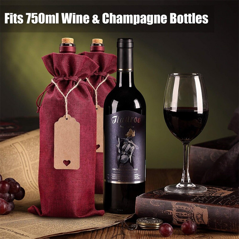 12db rusztikus juta zsákvászon borostáskák húzózsinórral Címkék borosüveg fedők Újrafelhasználható palackcsomagolás ajándékcsomag borzacskók bulihoz