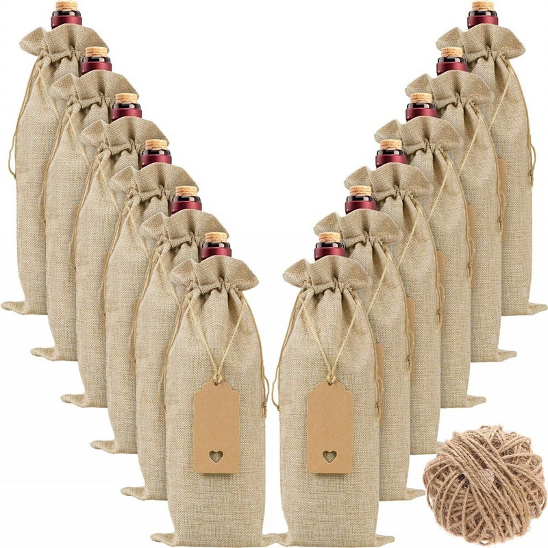 12db rusztikus juta zsákvászon borostáskák húzózsinórral Címkék borosüveg fedők Újrafelhasználható palackcsomagolás ajándékcsomag borzacskók bulihoz