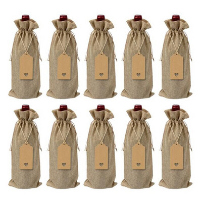 10 bucăți pungi de vin din iute, pungi pentru sticle de vin cu șnururi, pungi reutilizabile pentru cadou de vin, cu etichete, pentru petrecere, degustare oarbă Birt