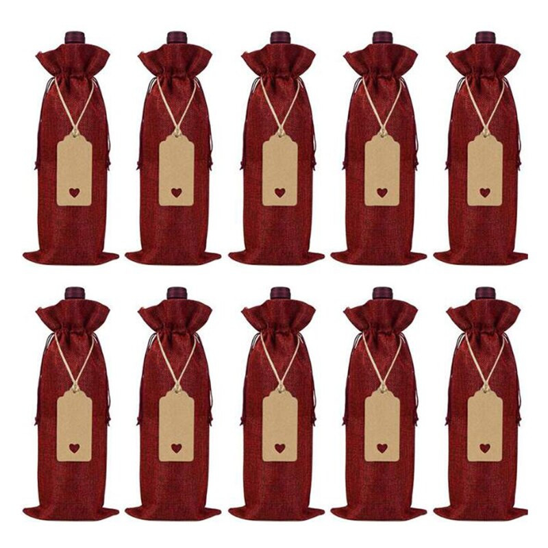 10 bucăți pungi de vin din iute, pungi pentru sticle de vin cu șnururi, pungi reutilizabile pentru cadou de vin, cu etichete, pentru petrecere, degustare oarbă Birt
