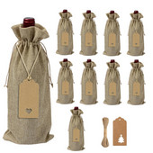 Darčekové tašky na víno z juty, 10 ks, ľanové vrecúška na fľaše vína so sťahovacou šnúrkou, opakovane použiteľné kryty na fľaše vína s 10 m šnúrkou a 10 ks...