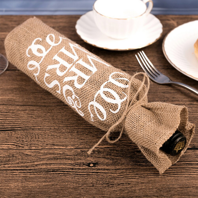 Prírodné jutové obaly na fľaše červeného vína, pán a pani, vrecká na tašky, jutové balenie fliaš, vrecká na šaty, svadobný darček so šnúrkou na zaväzovanie