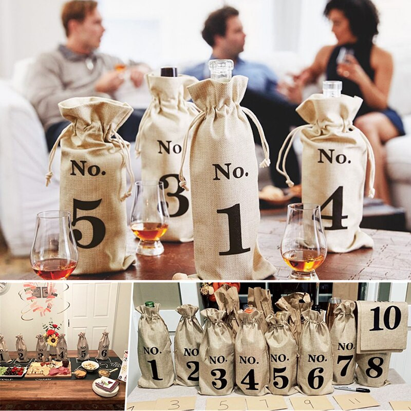10 ks/sada 15*35cm ľanové úložné tašky na fľaše vína, viacfarebné prachotesné baliace tašky na nápoje, sada s potlačou čísel a vzorom