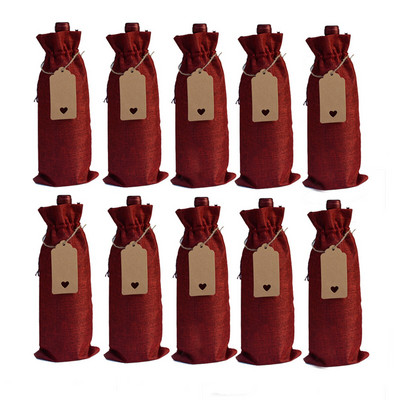 Vrecká na víno z pytloviny, sťahovacie vrecko na fľaše vína so šnúrkou a visačkami na darček, vianočné kryty na fľaše vína, opakovane použiteľné balenie fliaš, darčekové balenie