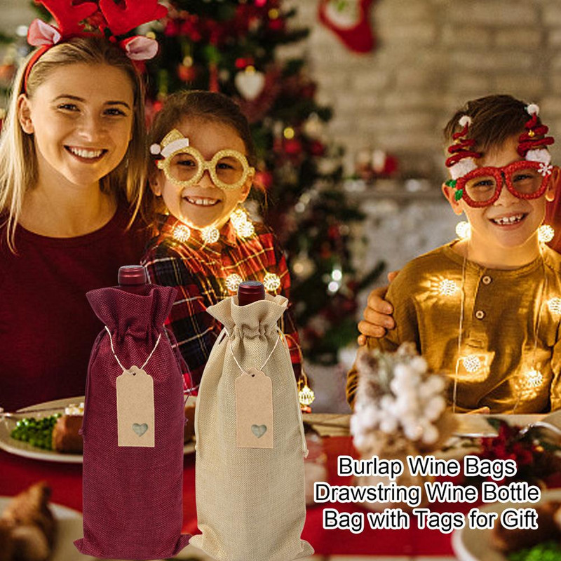 Vrecká na víno z pytloviny, sťahovacie vrecko na fľaše vína so šnúrkou a visačkami na darček, vianočné kryty na fľaše vína, opakovane použiteľné balenie fliaš, darčekové balenie