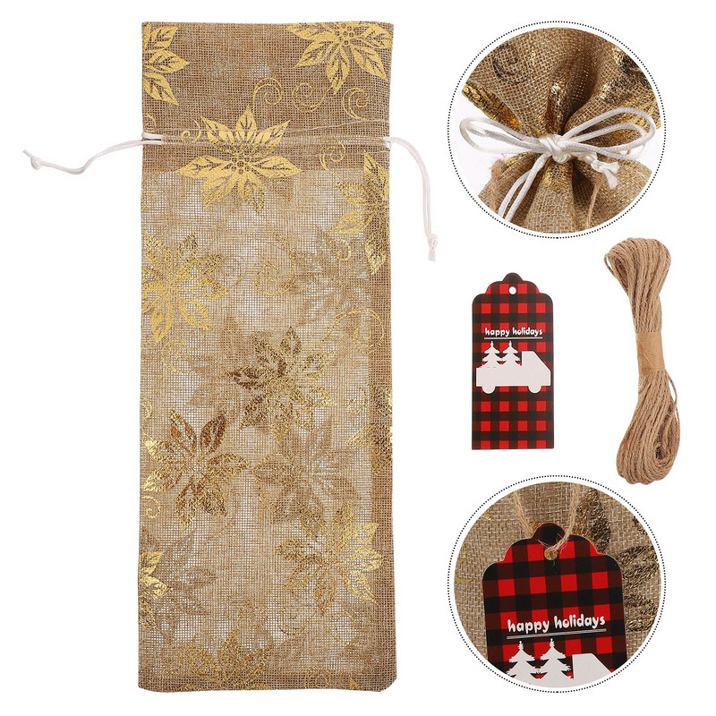 Vianočné kryty na fľaše vína, súpravy tašiek na fľaše vína s visiacimi visačkami, sada darčekových tašiek na šampanské a víno, pozlátená taška na víno z juty.