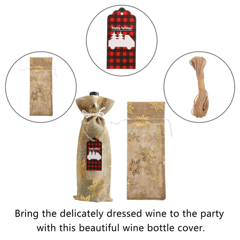 Vianočné kryty na fľaše vína, súpravy tašiek na fľaše vína s visiacimi visačkami, sada darčekových tašiek na šampanské a víno, pozlátená taška na víno z juty.