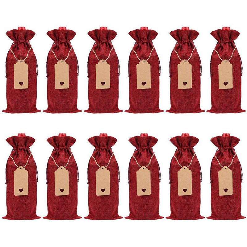 12 ks jutových vreciek na víno, opakovane použiteľných obedových vreciek na fľaše vína, darčekových tašiek, textilných skladacích baliacich tašiek so šnúrkou na sťahovanie, dekorácií na párty stôl
